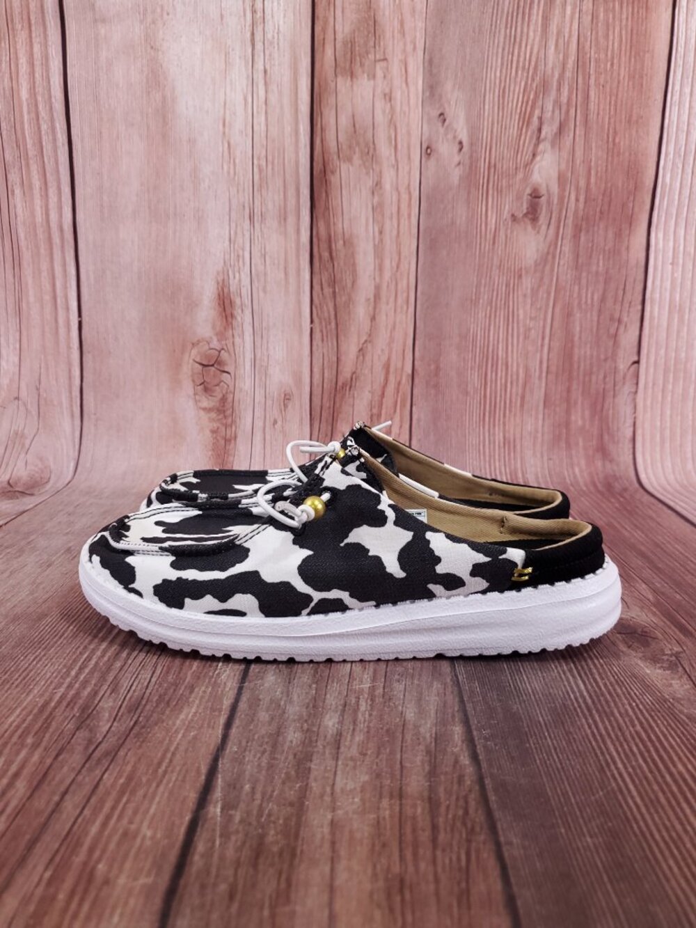 Hey Dude Womens Size 7 Wendy Slip On Classic White Black Cow Print Shoes - Picture 2 of 13